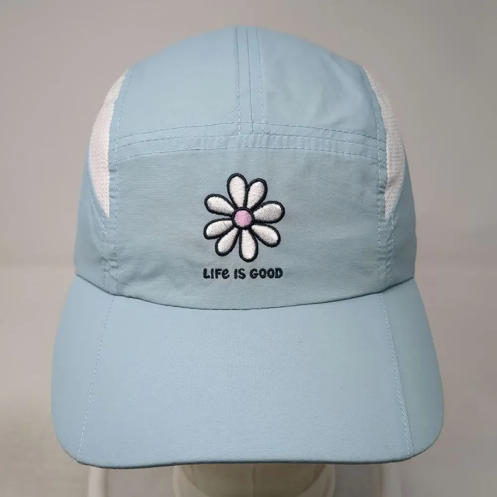 Life is Good 5 Panel Blue Hat One Size Mesh Back Reflective Strap Nylon Daisy